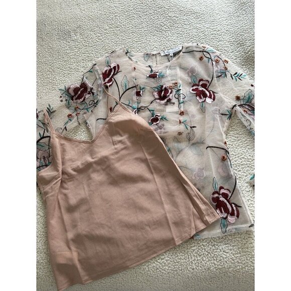 Endless Rose Long Sleeve Round Neck Embroidered Floral Mesh Top Beige/Red Size S - Picture 5 of 13